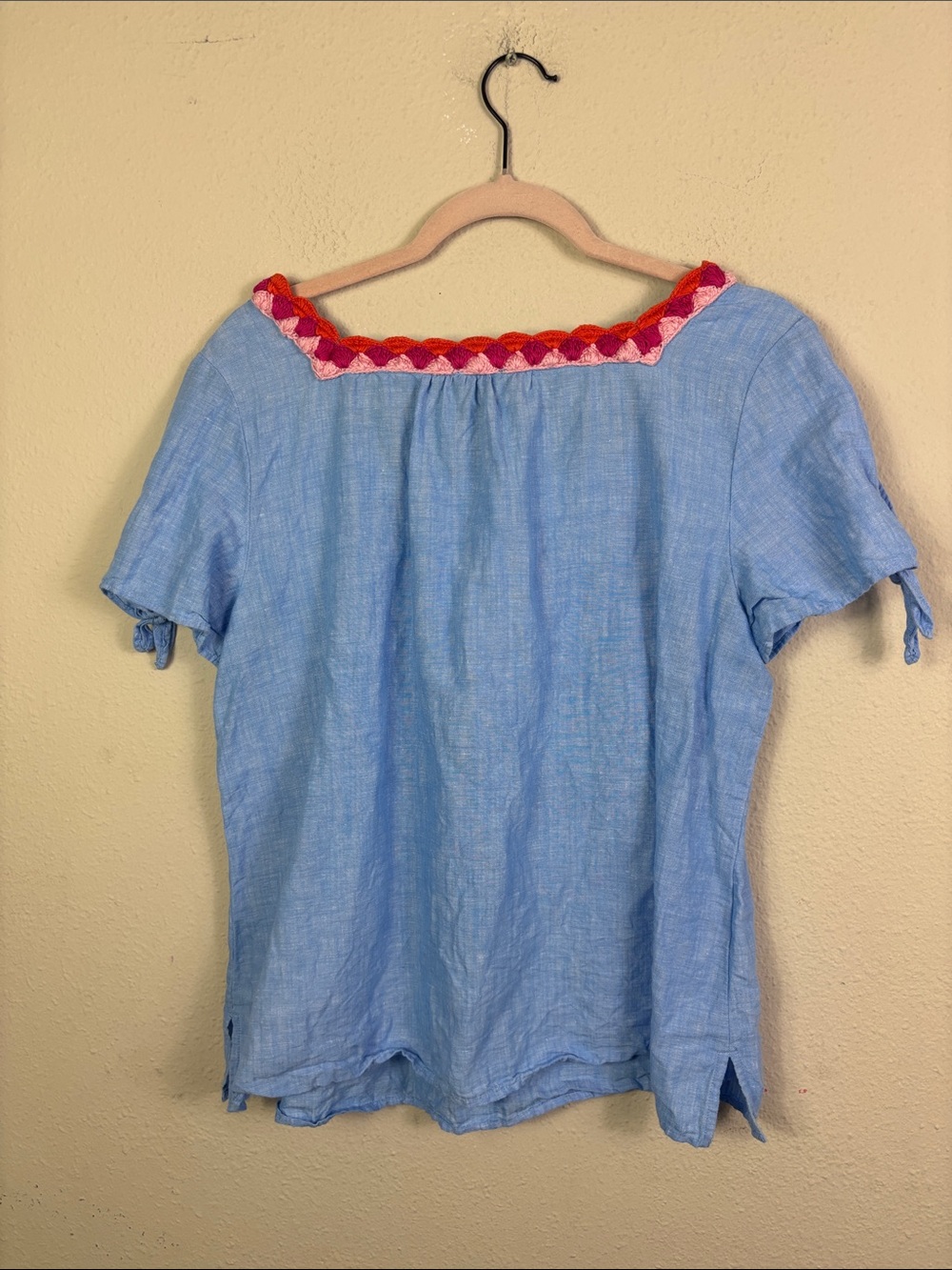 Talbots Linen Cotton Blend Blue Crochet Knit Colllar Tie Sleeve Top Sz Large - Picture 5 of 11